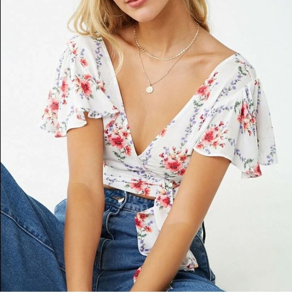 Forever 21 White Floral Wrap Tie Crop Top Blouse Ruffle Women’s Summer Spring - Picture 2 of 11